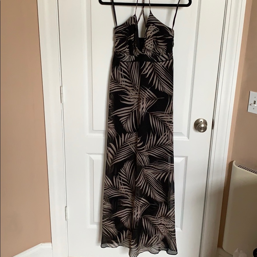 White House Black Market Black Maxi Dress With Beige Leaf Print